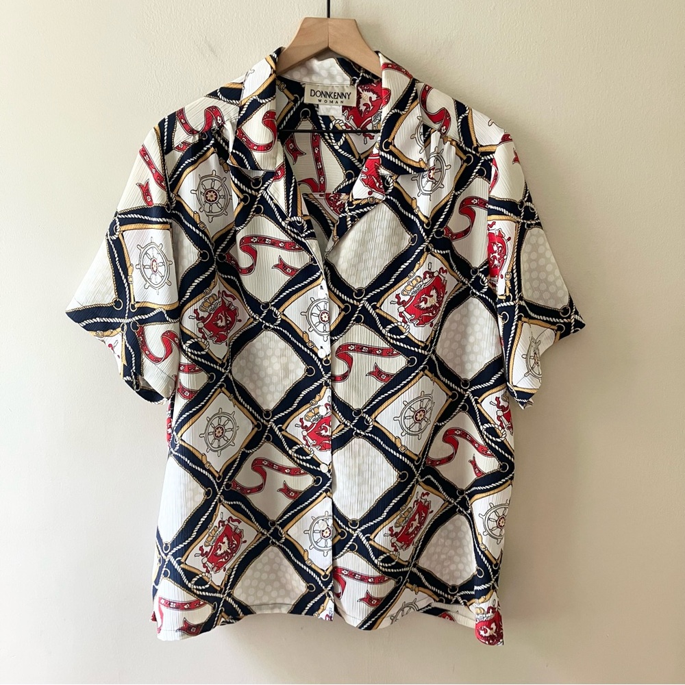 VINTAGE Nautical Short Sleeve Button Up Top